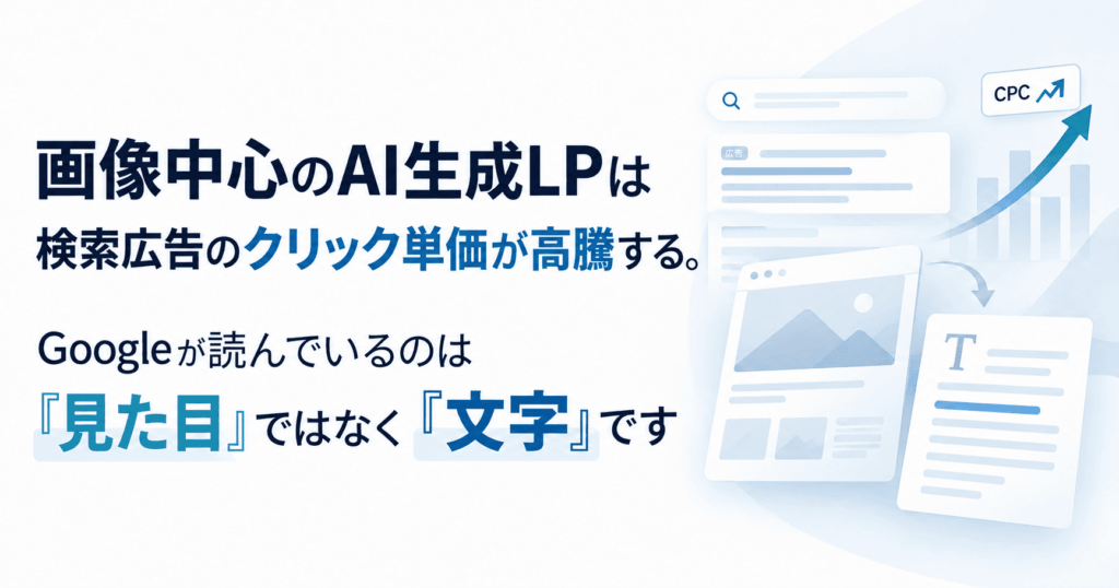 画像中心のAI生成LPは検索広告のクリック単価が高騰する。Googleが読んでいるのは「見た目」ではなく「文字」です
